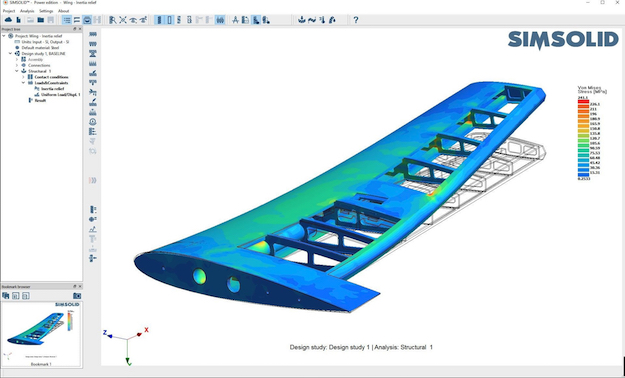 Using SIMSOLID Power edition’s Inertia Relief function, users can analyze a structure that is not constrained and can move as a rigid body, such as this airplane wing.